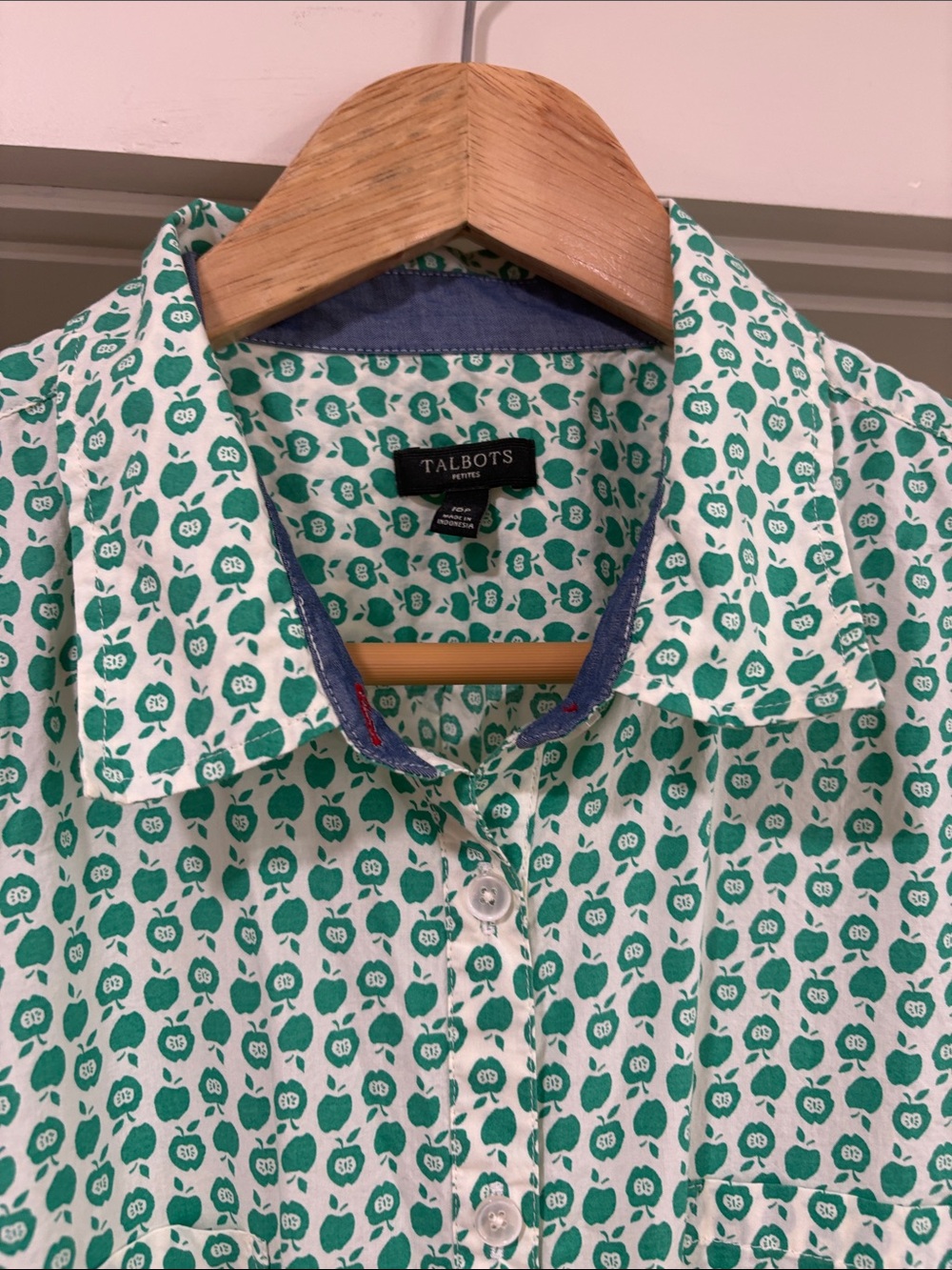 Talbots Cotton Green White Apple Print Popover Shirt, Size 16P